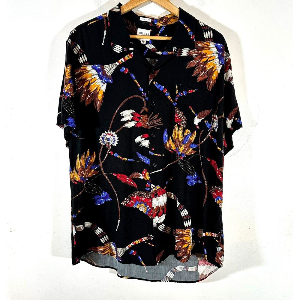 Guess‎ Mens Black Bead Feather Print Regular Fit Short Sleeve XL